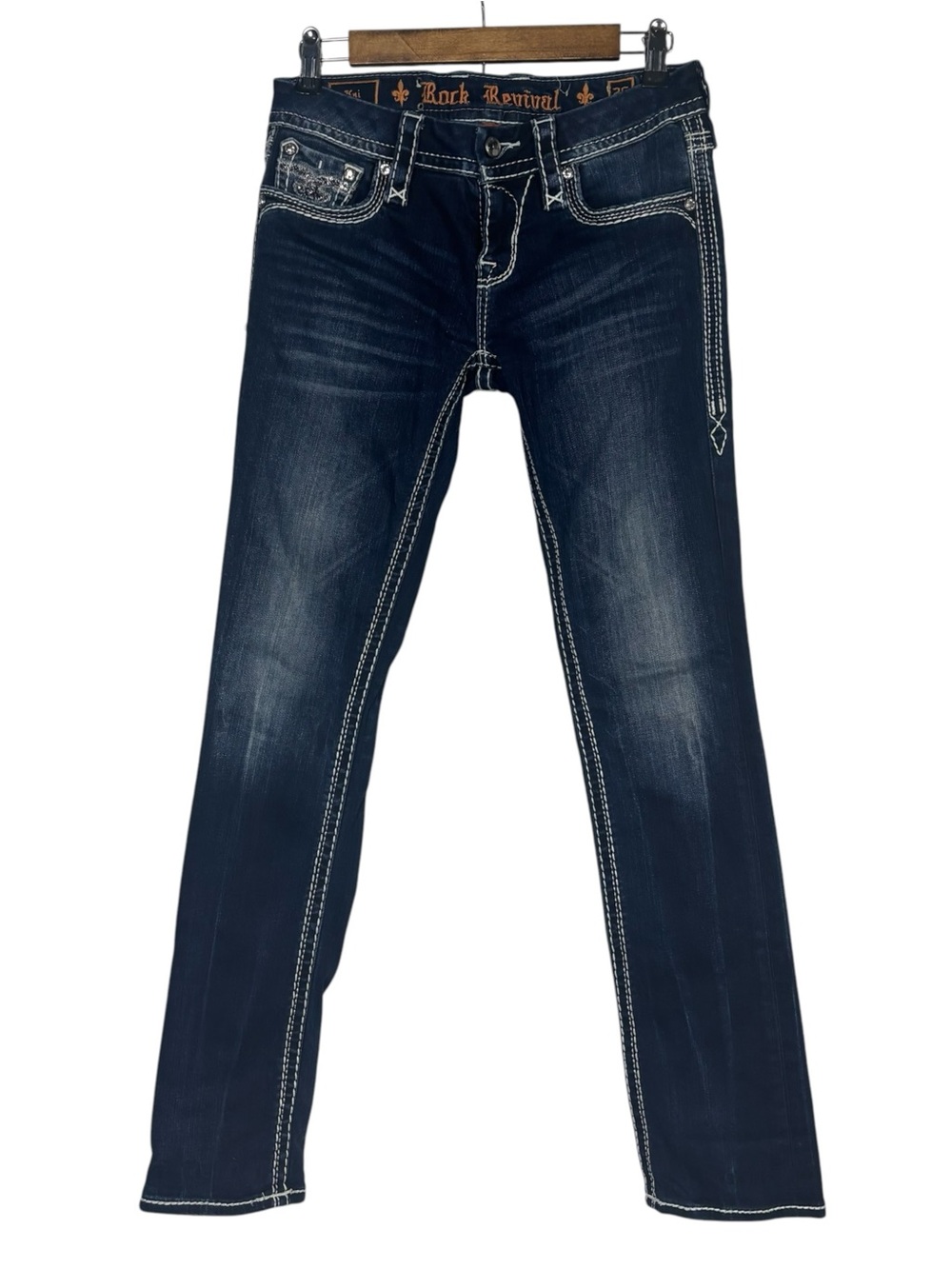 Rock Revival KAI Straight Skinny Dark Wash Sequin Fleur De Lis Pocket Jeans 26